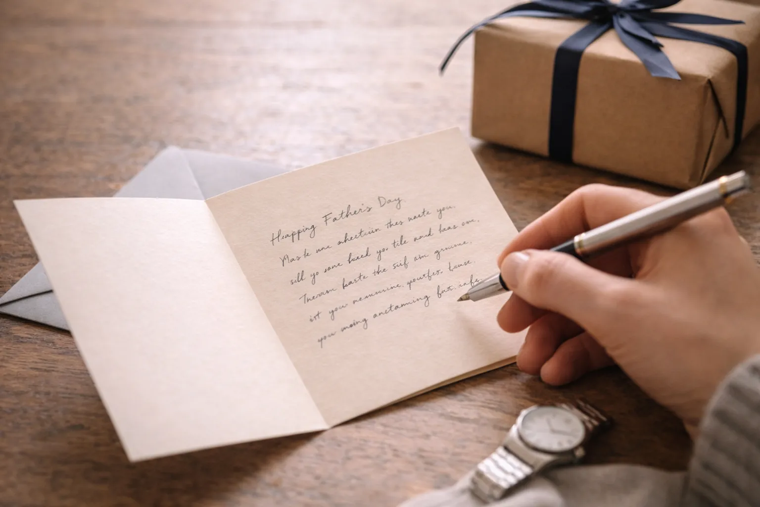 Father's Day card with handwritten note, gift box, and simple blue details