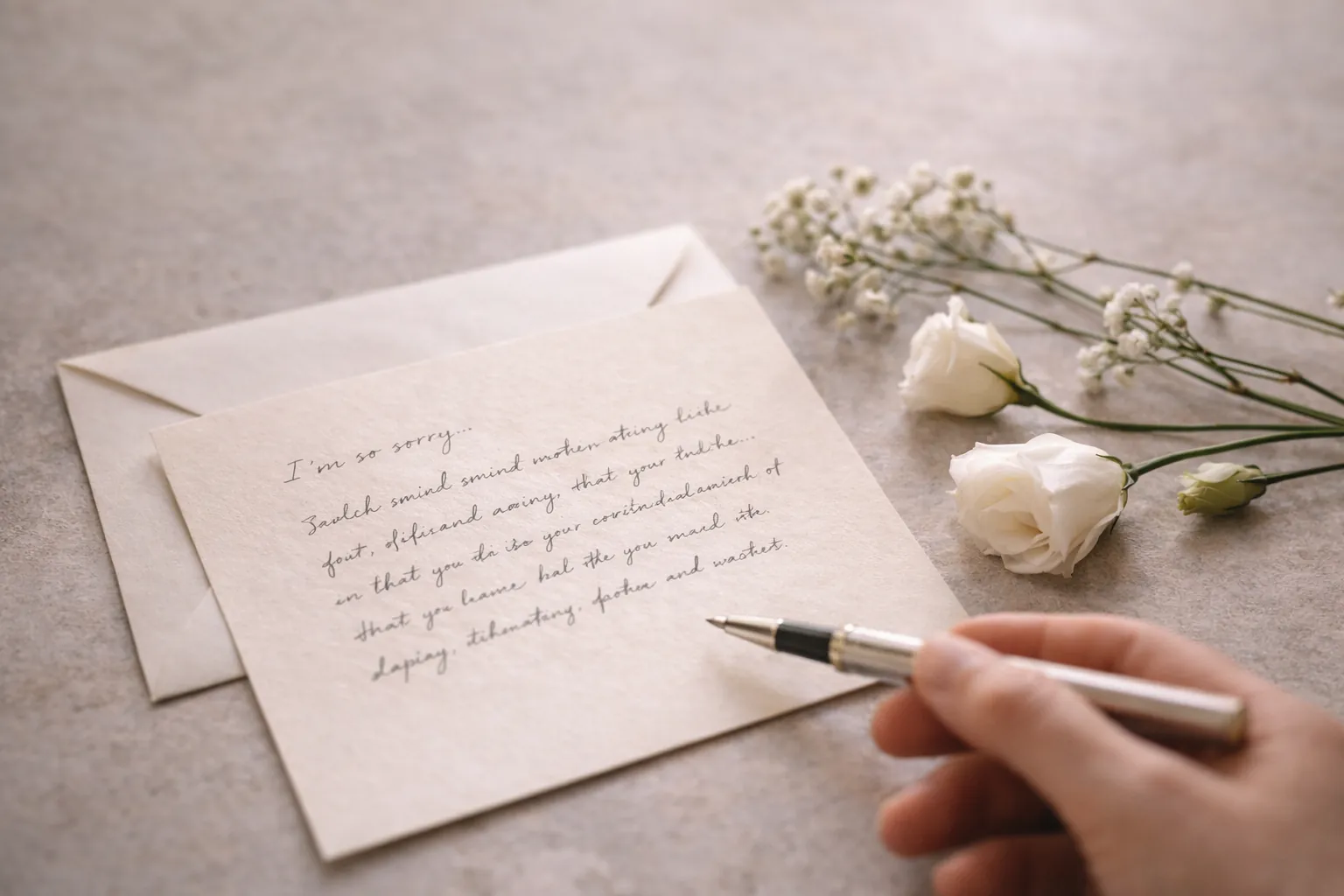 Muted sympathy card with envelope, white flowers, and a simple pen-written note