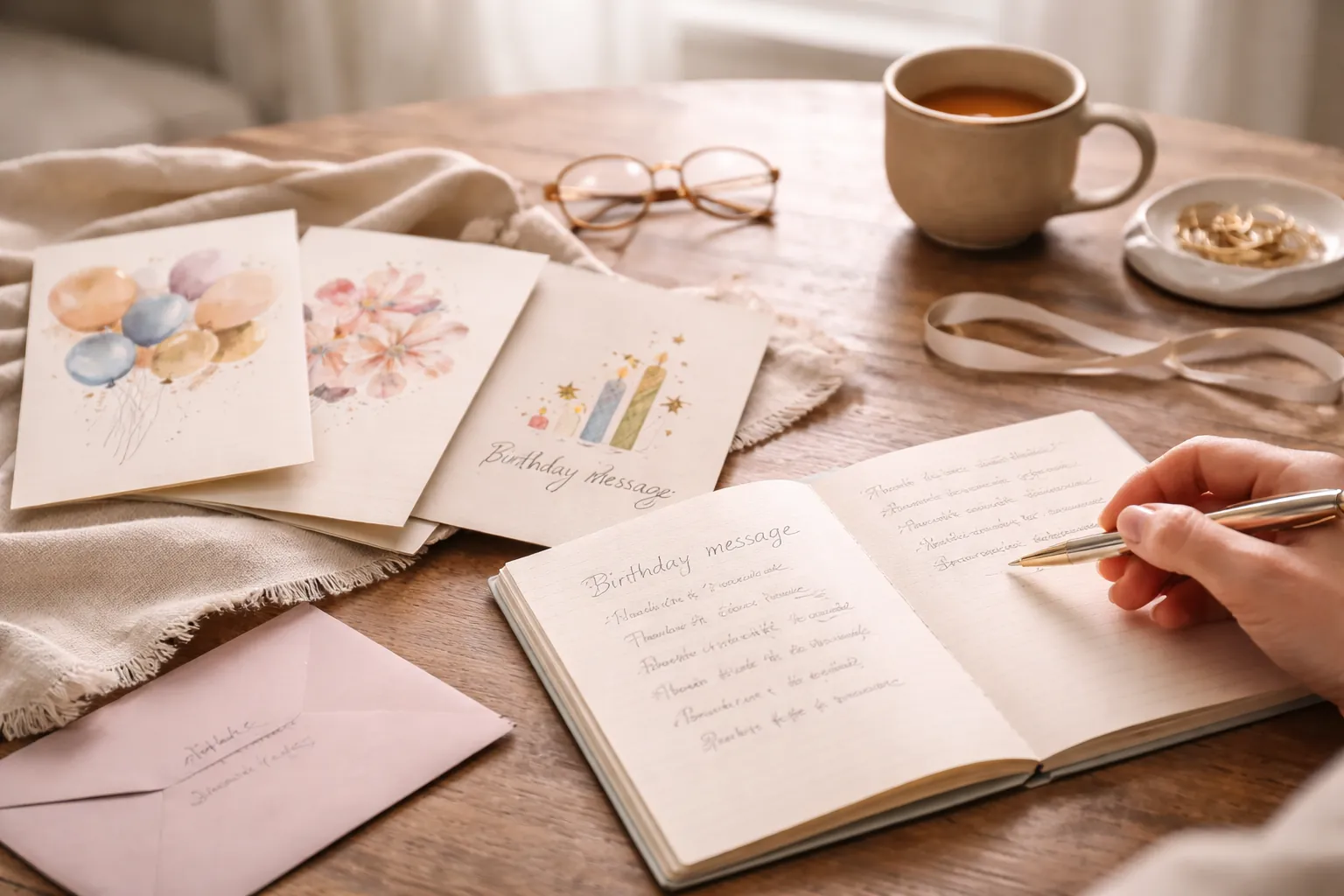 Notebook with birthday card message ideas and a finished card on a desk