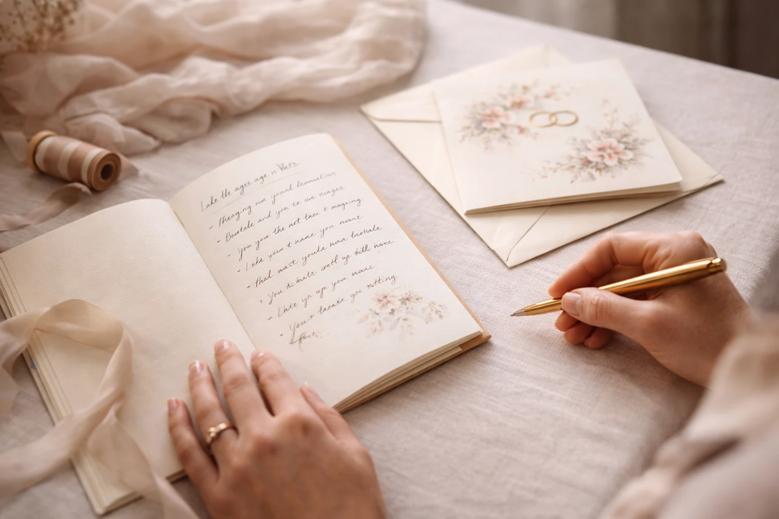 Open notebook with wedding card message ideas beside a finished wedding card and ribbon
